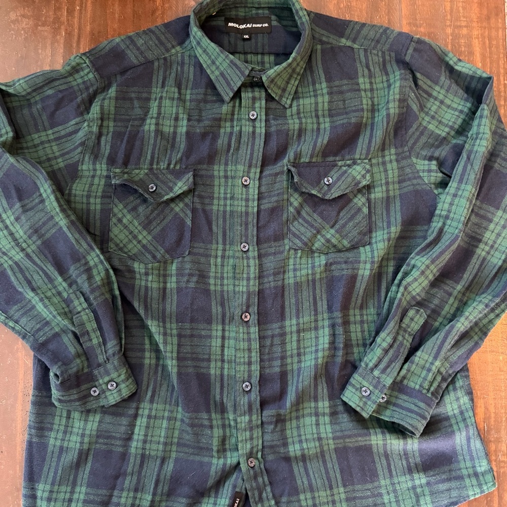 Molokai Surf Co Green & Blue Plaid Button-Up Flannel Shirt - XXL